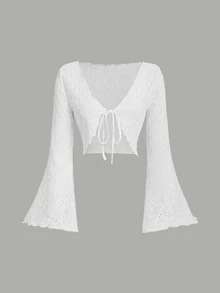 SHEIN MOD Vintage V-Neck Tie-Up Trumpet Sleeve Cropped White Top For Women - White - View 3