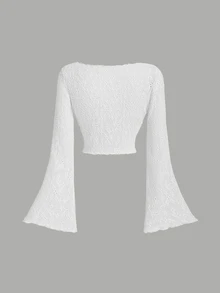 SHEIN MOD Vintage V-Neck Tie-Up Trumpet Sleeve Cropped White Top For Women - White - View 2
