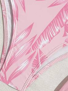 Swim Lushoire Women Summer Leaf Print Bikini Set With Coverup - Baby Pink - View 7