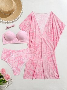 Swim Lushoire Women Summer Leaf Print Bikini Set With Coverup - Baby Pink - View 4