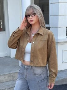 Comfortcana Women's Plus Size Solid Color Single-Breasted Casual Versatile Daily Long Sleeve Jacket Fall,Streetwear,Brown,Vintage - Khaki - View 4