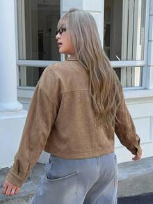 Comfortcana Women's Plus Size Solid Color Single-Breasted Casual Versatile Daily Long Sleeve Jacket Fall,Streetwear,Brown,Vintage - Khaki - View 2