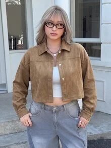 Comfortcana Women's Plus Size Solid Color Single-Breasted Casual Versatile Daily Long Sleeve Jacket Fall,Streetwear,Brown,Vintage - Khaki - View 6
