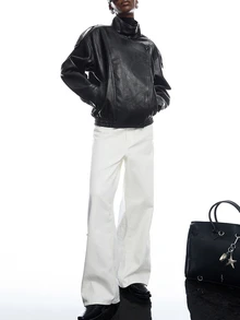 LYSMO Women's Solid Color PU Leather Long Sleeve Loose Casual Jacket - Black - View 3