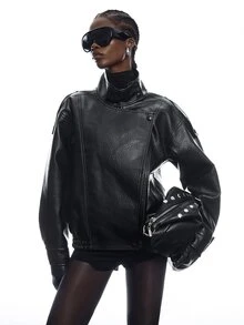 LYSMO Women's Solid Color PU Leather Long Sleeve Loose Casual Jacket - Black - View 7
