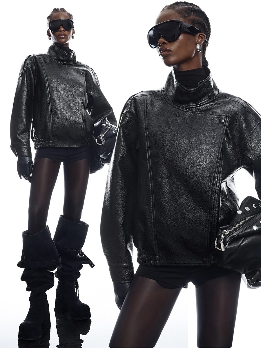 LYSMO Women's Solid Color PU Leather Long Sleeve Loose Casual Jacket - Black - View 1