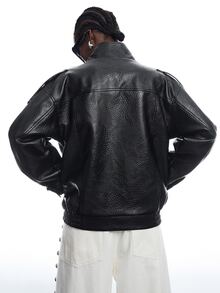 LYSMO Women's Solid Color PU Leather Long Sleeve Loose Casual Jacket - Black - View 2