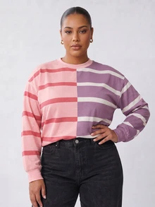 Solavibe Plus Size Women's Striped Colorblock Casual Baggy Everyday Long Sleeve Sweatshirt Autumn Formal Vacation Business Pink - Multicolor - View 8