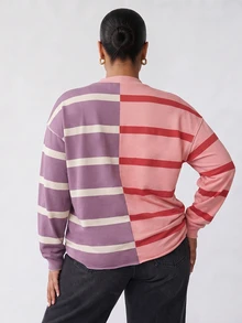 Solavibe Plus Size Women's Striped Colorblock Casual Baggy Everyday Long Sleeve Sweatshirt Autumn Formal Vacation Business Pink - Multicolor - View 4
