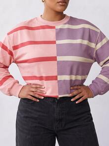 Solavibe Plus Size Women's Striped Colorblock Casual Baggy Everyday Long Sleeve Sweatshirt Autumn Formal Vacation Business Pink - Multicolor - View 6