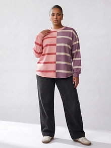 Solavibe Plus Size Women's Striped Colorblock Casual Baggy Everyday Long Sleeve Sweatshirt Autumn Formal Vacation Business Pink - Multicolor - View 7