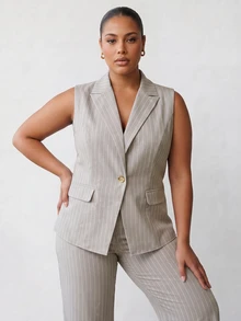 Solavibe Plus Size Vintage Casual Elegant Button Striped Vest Jacket And Pocket Trousers Suit 2 Pieces Set Teachers' Day Formal Work Dinner Beige Summer - Multicolor - View 6