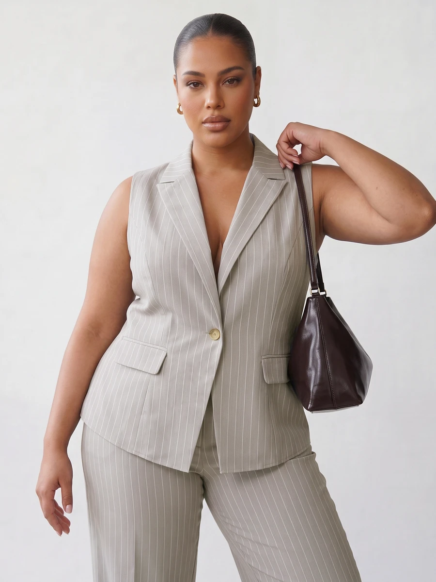 Solavibe Plus Size Vintage Casual Elegant Button Striped Vest Jacket And Pocket Trousers Suit 2 Pieces Set Teachers' Day Formal Work Dinner Beige Summer - Multicolor - View 1
