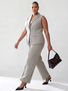 Solavibe Plus Size Vintage Casual Elegant Button Striped Vest Jacket And Pocket Trousers Suit 2 Pieces Set Teachers' Day Formal Work Dinner Beige Summer - Multicolor - View 2