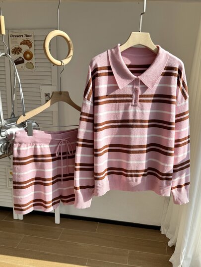 Comfortcana Spring/Summer Colorful Striped Casual Long Sleeve Sweater And Shorts Knit 2-Piece Set, Versatile Plus Size