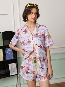 Chillnights Young Cute Cat Cartoon Print Wearable Women's Pajama Set - Multicolor - View 1
