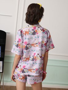 Chillnights Young Cute Cat Cartoon Print Wearable Women's Pajama Set - Multicolor - View 2