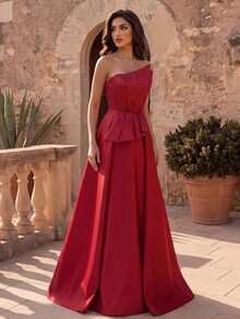 Coutiva Women's Pleated Rhinestone Hem Side Chiffon Ribbon Long Formal Evening Gown (Heavy Workmanship) - Burgundy - View 5