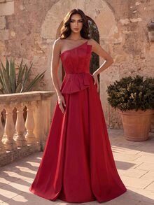 Coutiva Women's Pleated Rhinestone Hem Side Chiffon Ribbon Long Formal Evening Gown (Heavy Workmanship) - Burgundy - View 4