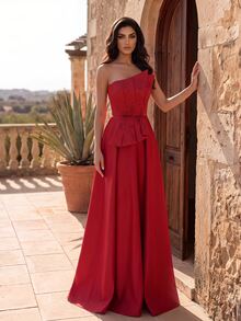 Coutiva Women's Pleated Rhinestone Hem Side Chiffon Ribbon Long Formal Evening Gown (Heavy Workmanship) - Burgundy - View 6