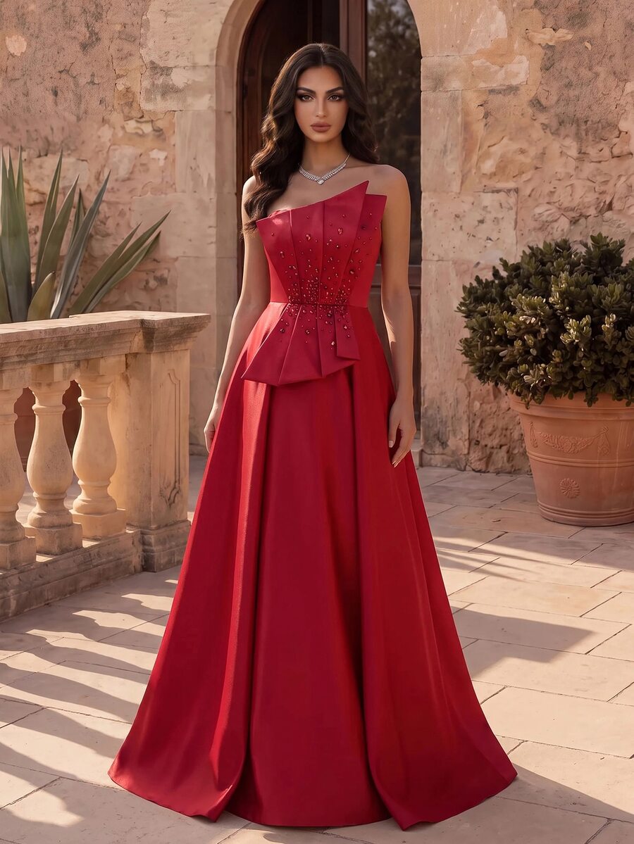 Coutiva Women's Pleated Rhinestone Hem Side Chiffon Ribbon Long Formal Evening Gown (Heavy Workmanship) - Burgundy - View 1