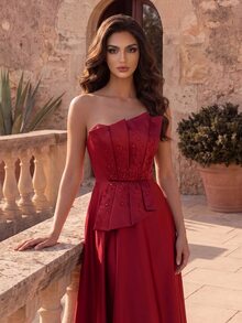 Coutiva Women's Pleated Rhinestone Hem Side Chiffon Ribbon Long Formal Evening Gown (Heavy Workmanship) - Burgundy - View 3