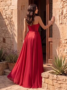 Coutiva Women's Pleated Rhinestone Hem Side Chiffon Ribbon Long Formal Evening Gown (Heavy Workmanship) - Burgundy - View 2