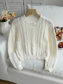 SHEIN Pull blanc à torsades pour filles, Top décontracté et stylé à manches longues, doux pour l'automne et l'hiver, pour la rentrée, Noël, Halloween, les voyages et le quotidien - Blanc - Voir 4