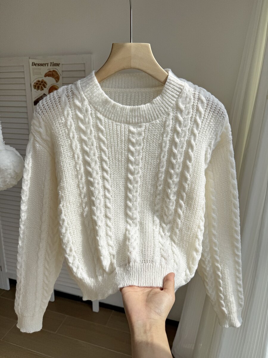 SHEIN Pull blanc à torsades pour filles, Top décontracté et stylé à manches longues, doux pour l'automne et l'hiver, pour la rentrée, Noël, Halloween, les voyages et le quotidien - Blanc - Voir 1