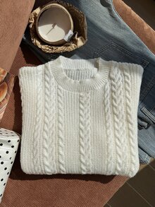 SHEIN Pull blanc à torsades pour filles, Top décontracté et stylé à manches longues, doux pour l'automne et l'hiver, pour la rentrée, Noël, Halloween, les voyages et le quotidien - Blanc - Voir 5