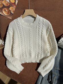 SHEIN Pull blanc à torsades pour filles, Top décontracté et stylé à manches longues, doux pour l'automne et l'hiver, pour la rentrée, Noël, Halloween, les voyages et le quotidien - Blanc - Voir 3