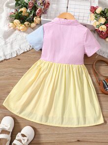 SHEIN Elladie kids Young Girl Multicolor Striped Color Block Elegant Collared Short Sleeve A-line Dress For Summer - MultiWarna - View 2