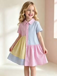SHEIN Elladie kids Young Girl Multicolor Striped Color Block Elegant Collared Short Sleeve A-line Dress For Summer - MultiWarna - View 1