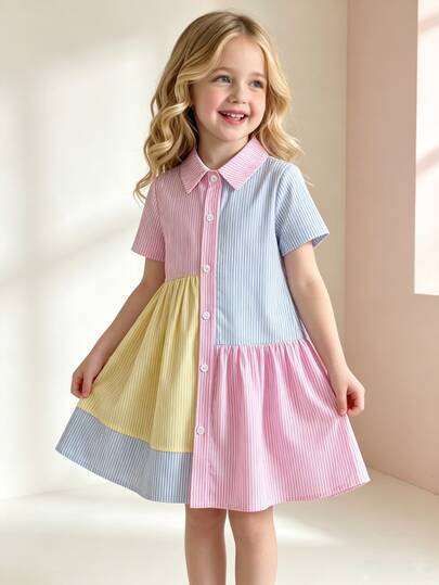 SHEIN Elladie kids 小女童撞色條紋印花襯衫連衣裙