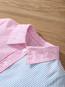 SHEIN Elladie kids Young Girl Multicolor Striped Color Block Elegant Collared Short Sleeve A-line Dress For Summer - MultiWarna - View 4