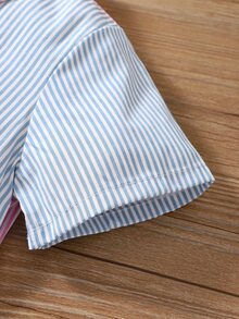 SHEIN Elladie kids Young Girl Multicolor Striped Color Block Elegant Collared Short Sleeve A-line Dress For Summer - MultiWarna - View 6