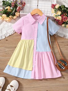 SHEIN Elladie kids Young Girl Multicolor Striped Color Block Elegant Collared Short Sleeve A-line Dress For Summer - MultiWarna - View 3