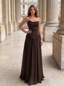 Poshira High-End Evening Ball Gown With Beaded Glitter, Luxurious Elegant Strapless Luxury Dress - Coffee Brown - View 4