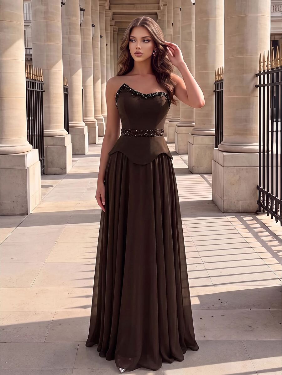 Poshira High-End Evening Ball Gown With Beaded Glitter, Luxurious Elegant Strapless Luxury Dress - Coffee Brown - View 1