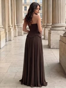 Poshira High-End Evening Ball Gown With Beaded Glitter, Luxurious Elegant Strapless Luxury Dress - Coffee Brown - View 2
