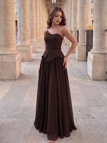 Poshira High-End Evening Ball Gown With Beaded Glitter, Luxurious Elegant Strapless Luxury Dress - Coffee Brown - View 6