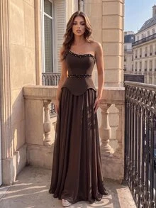 Poshira High-End Evening Ball Gown With Beaded Glitter, Luxurious Elegant Strapless Luxury Dress - Coffee Brown - View 3