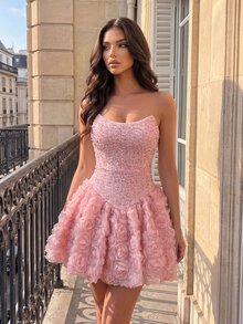 Poshira Gaun Mini Elegan Berpayet Tanpa Tali dengan Detail Bunga 3D, Rok Model A-Line, Cocok untuk Musim Semi/Musim Panas, Ulang Tahun, Pengantin, Persiapan, Pesta Formal, Prom, Pernikahan, Warna Merah Muda Pucat - Berwarna merah muda - View 4
