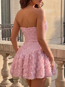 Poshira Gaun Mini Elegan Berpayet Tanpa Tali dengan Detail Bunga 3D, Rok Model A-Line, Cocok untuk Musim Semi/Musim Panas, Ulang Tahun, Pengantin, Persiapan, Pesta Formal, Prom, Pernikahan, Warna Merah Muda Pucat - Berwarna merah muda - View 2