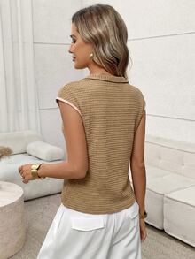 SHEIN LUNE Camel Waffle Knit Casual T-Shirt For Spring And Summer Brunch Everyday Daytime Daily - Khaki - View 2