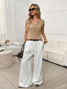SHEIN LUNE Camel Waffle Knit Casual T-Shirt For Spring And Summer Brunch Everyday Daytime Daily - Khaki - View 4