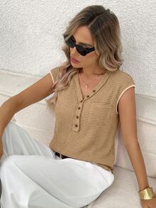 SHEIN LUNE Camel Waffle Knit Casual T-Shirt For Spring And Summer Brunch Everyday Daytime Daily - Khaki - View 3
