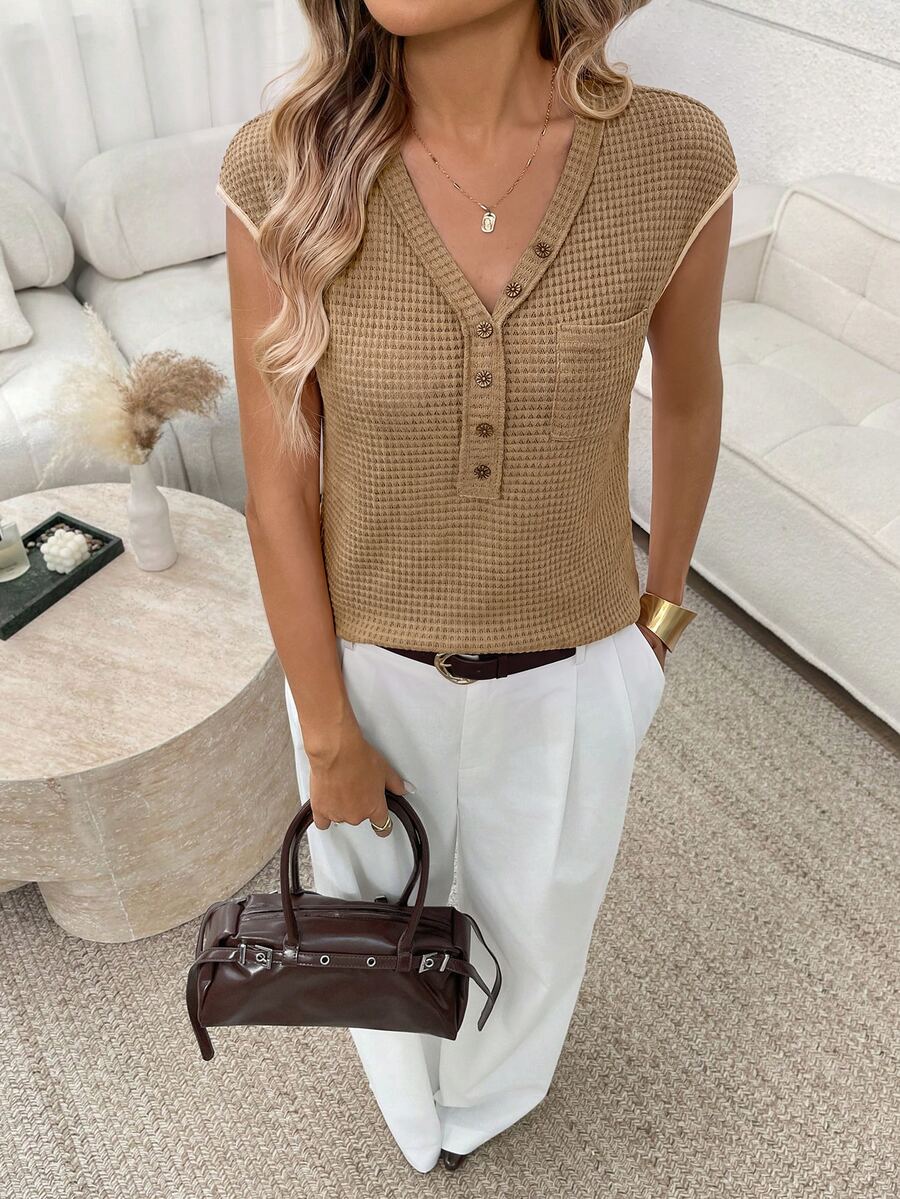 SHEIN LUNE Camel Waffle Knit Casual T-Shirt For Spring And Summer Brunch Everyday Daytime Daily - Khaki - View 1