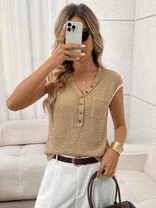 SHEIN LUNE Camel Waffle Knit Casual T-Shirt For Spring And Summer Brunch Everyday Daytime Daily - Khaki - View 5