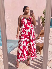 SHEIN Lady CURVE Plus Size Women's All-Over Print Casual Elegant Everyday Summer Travel Spaghetti Strap Dress Vacation Beach Party Red And White - Red and White - View 4